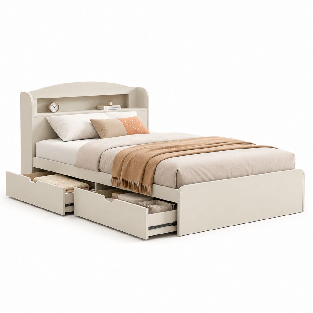 Lit double avec rangement 160 x 200 cm crème en panneaux de particules avec tête de lit étagère et 3 tiroirs