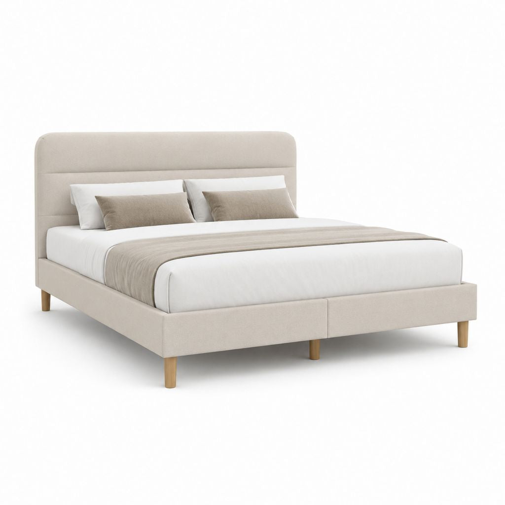 Lit double 160 x 200 cm beige en polyester avec cadre rectangulaire et pieds en bois massif