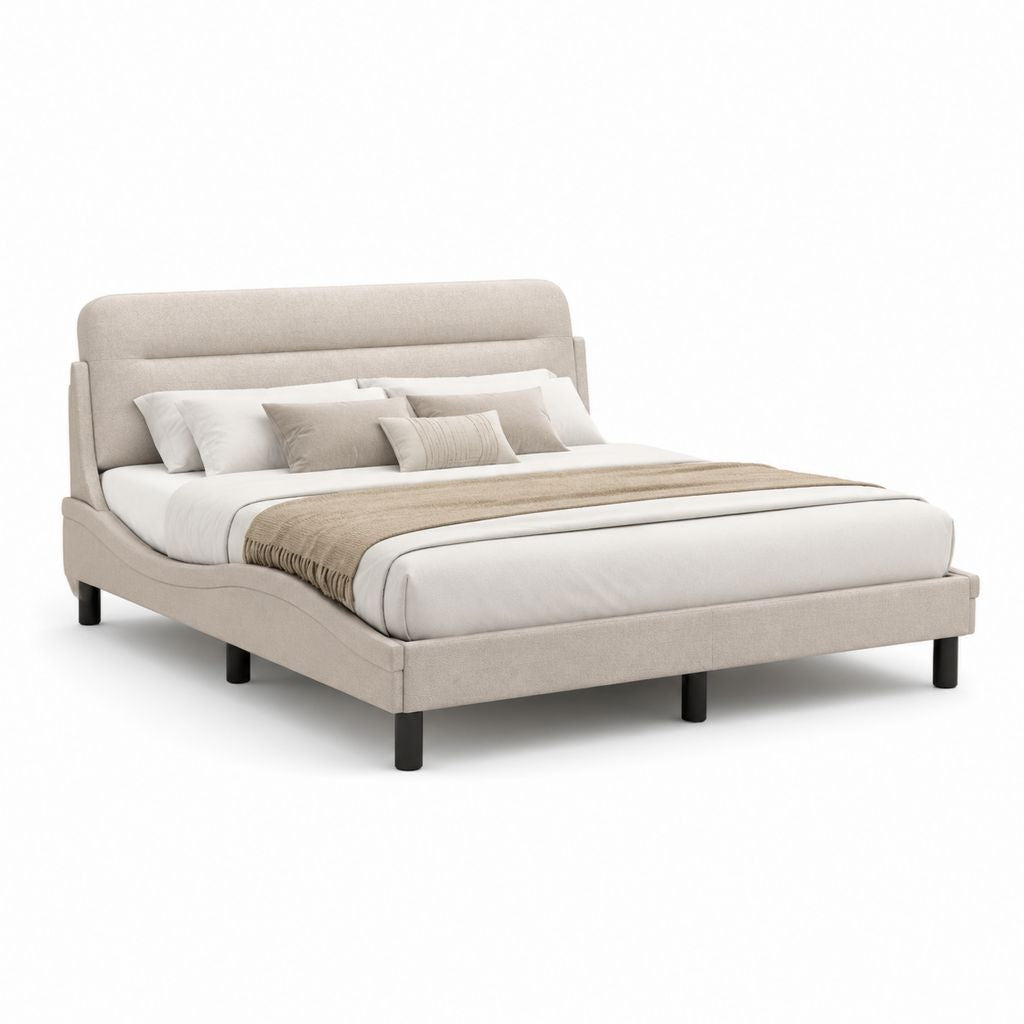 Lit double avec cadre beige en polyester 160 x 200 cm avec tête de lit rembourrée