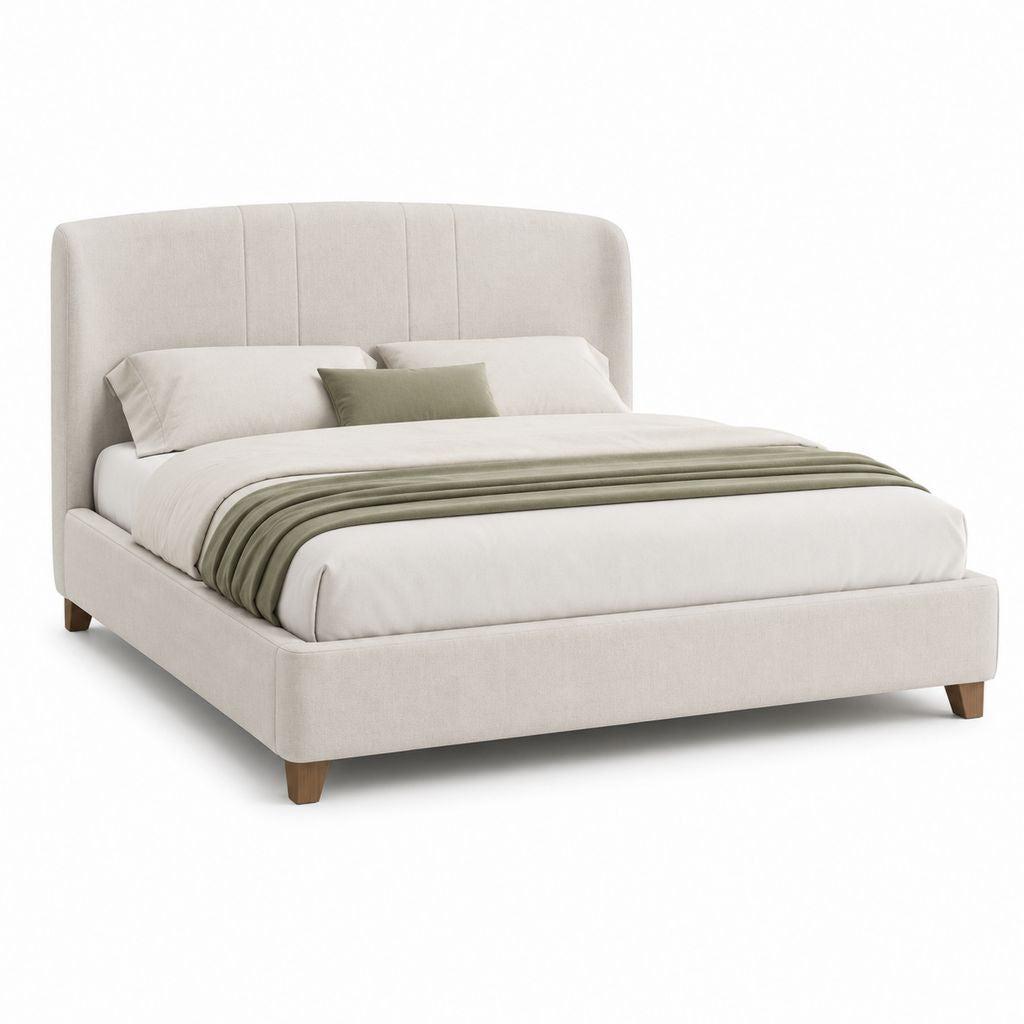 Lit double 160 x 200 cm beige en polyester avec tête de lit capitonnée et pieds en bois massif