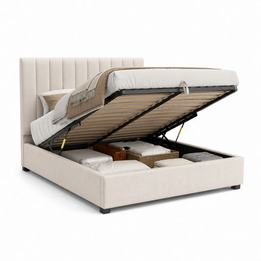 Lit coffre 160 x 200 cm beige en polyester avec sommier à lattes et tête de lit capitonnée