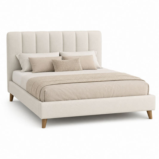 Lit double 160 x 200 cm beige en polyester avec tête de lit capitonnée et pieds en bois massif