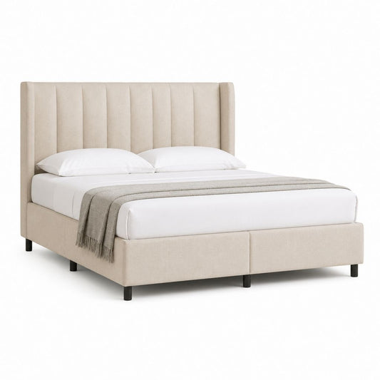 Lit double capitonné beige en polyester 160 x 200 cm avec tête de lit haute