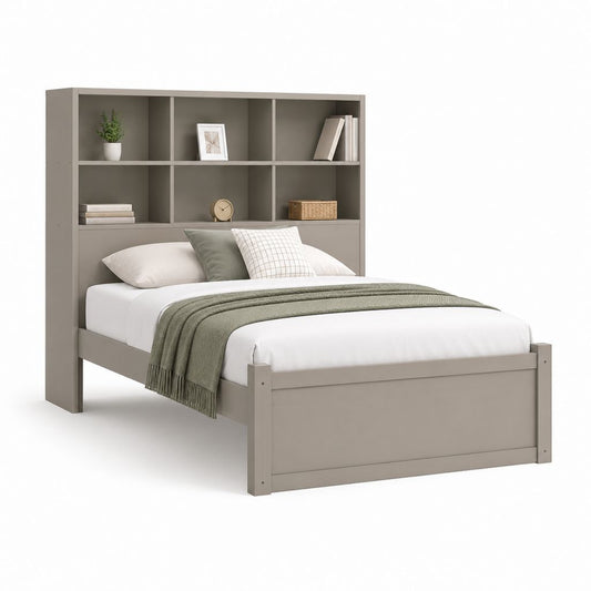 Lit double avec tête de lit bibliothèque taupe en panneaux de particules mélaminés pour matelas 140 x 190 cm
