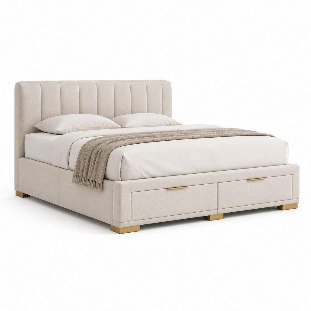 Lit avec 2 tiroirs de rangement beige en polyester rectangulaire 160 x 200 cm
