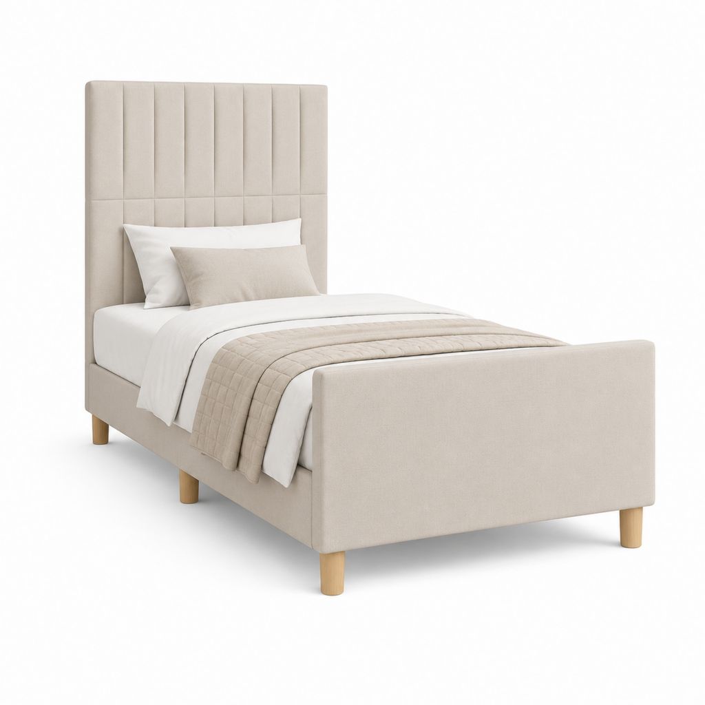 Lit une place 90 x 190 cm beige en polyester avec tête de lit capitonnée