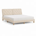 Lit double 160 x 200 cm beige en polyester avec tête de lit capitonnée et pieds en bois massif