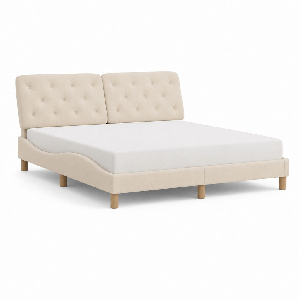 Lit double 160 x 200 cm beige en polyester avec tête de lit capitonnée et pieds en bois massif