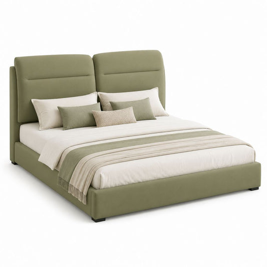 Lit double rembourré vert olive en polyester 160 x 200 cm avec tête de lit capitonnée