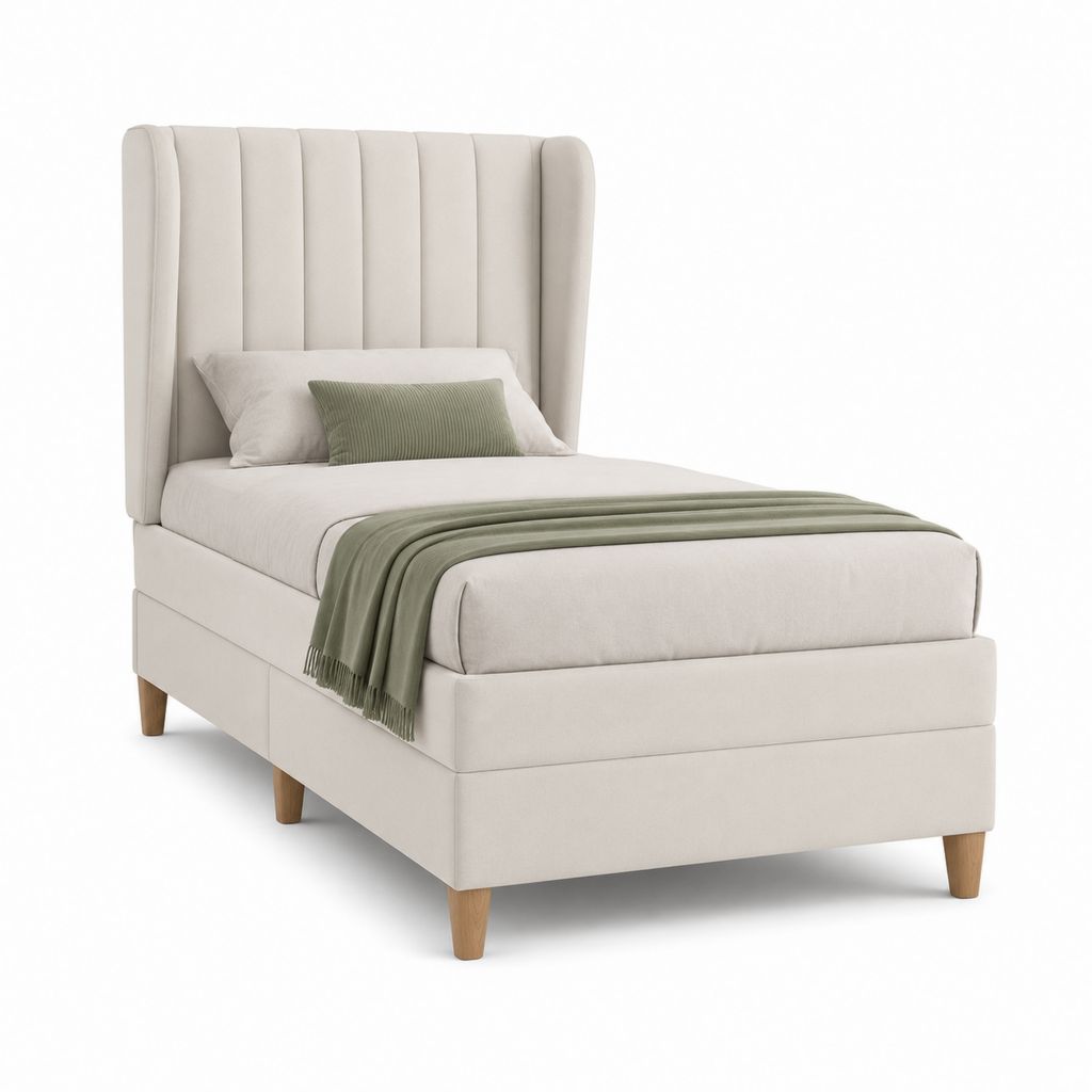 Lit simple capitonné beige en polyester rectangulaire 90 x 190 cm avec tête de lit haute