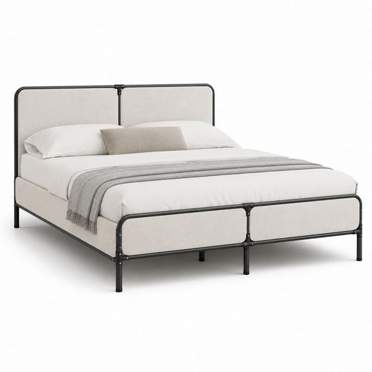 Cadre de lit double 160 x 200 cm beige en polyester avec structure en acier noir rectangulaire