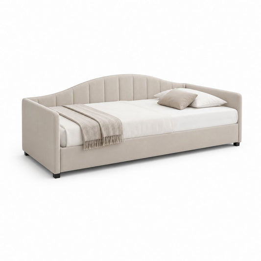 Lit banquette 90 x 200 cm beige en velours polyester avec dossier capitonné
