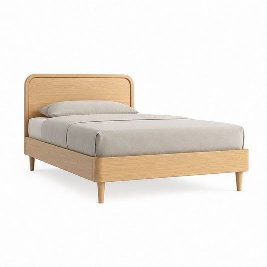 Cadre de lit double 160 x 200 cm beige en panneaux MDF plaqués chêne avec tête de lit arrondie