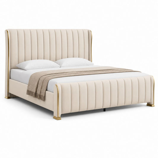 Lit double 160 x 200 cm beige en polyester avec tête de lit capitonnée