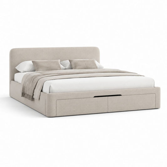 Lit coffre 160 x 200 cm beige en polyester avec tête de lit capitonnée et tiroirs