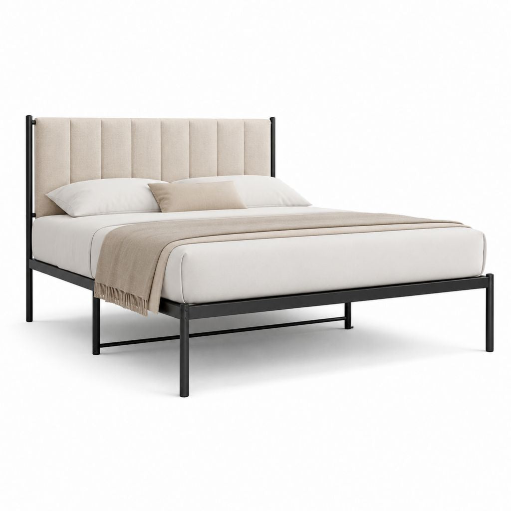 Lit double 160 x 200 cm noir et beige en acier avec tête de lit capitonnée en polyester