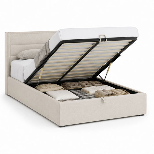 Lit coffre 160 x 200 cm beige en polyester avec sommier à lattes et vérins