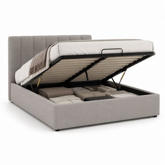 Lit coffre double gris en polyester avec sommier relevable 160 x 200 cm