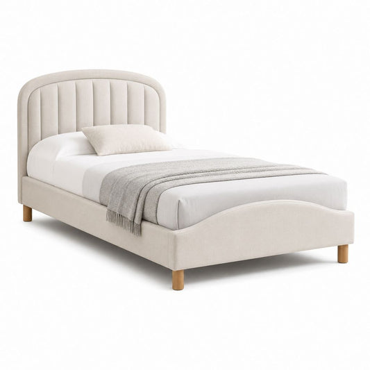 Lit double capitonné beige en polyester avec tête de lit arrondie 140 x 190 cm