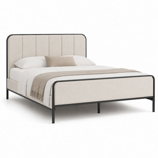 Lit double 160 x 200 cm beige en polyester avec cadre en acier noir