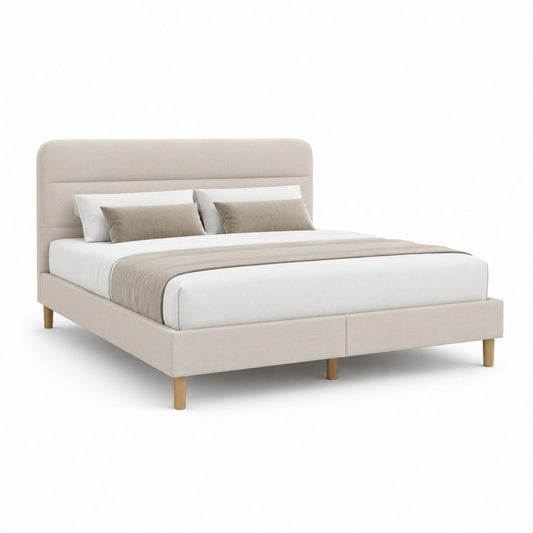 Lit double 160 x 200 cm beige en polyester avec cadre rectangulaire et pieds en bois massif