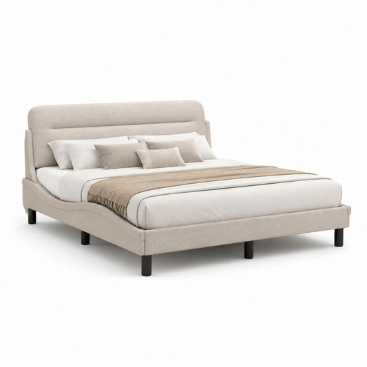 Lit double avec cadre beige en polyester 160 x 200 cm avec tête de lit rembourrée