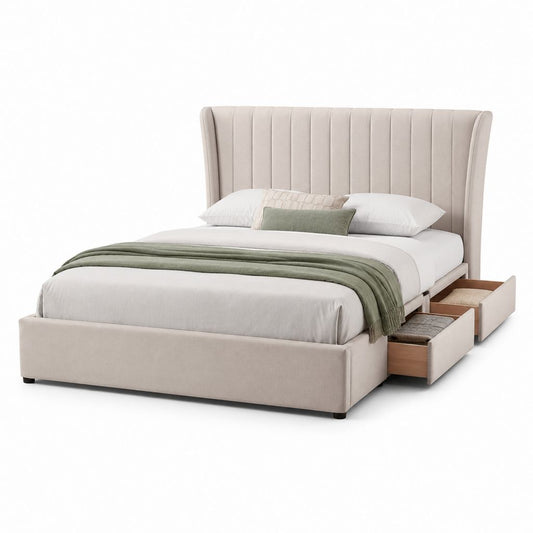 Lit double avec 2 tiroirs beige en polyester et panneaux MDF 160 x 200 cm
