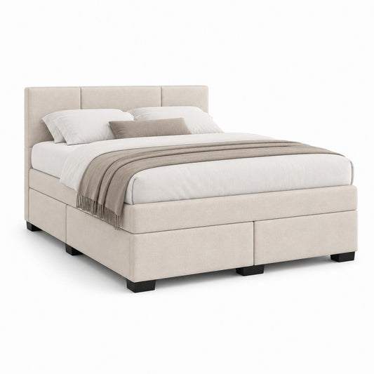 Lit coffre 160 x 200 cm beige en polyester avec tête de lit rembourrée