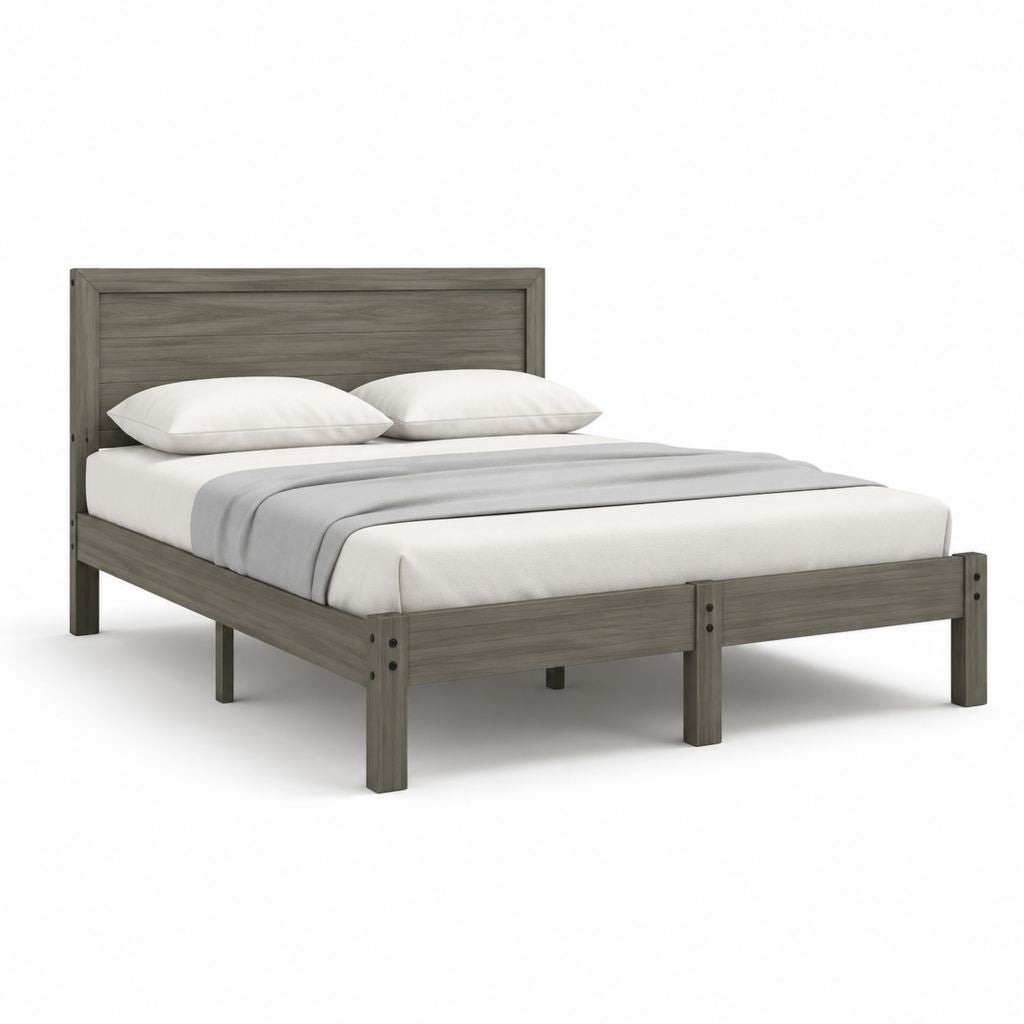 Lit double 160 x 200 cm gris en pin massif rectangulaire avec tête de lit