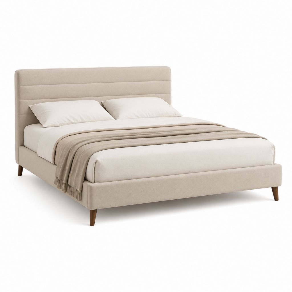 Lit double rectangulaire 160 x 200 cm beige en polyester avec tête de lit rembourrée et pieds en hévéa massif
