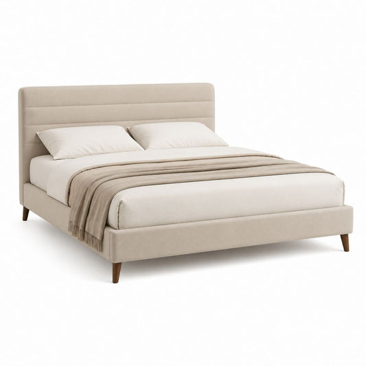 Lit double rectangulaire 160 x 200 cm beige en polyester avec tête de lit rembourrée et pieds en hévéa massif