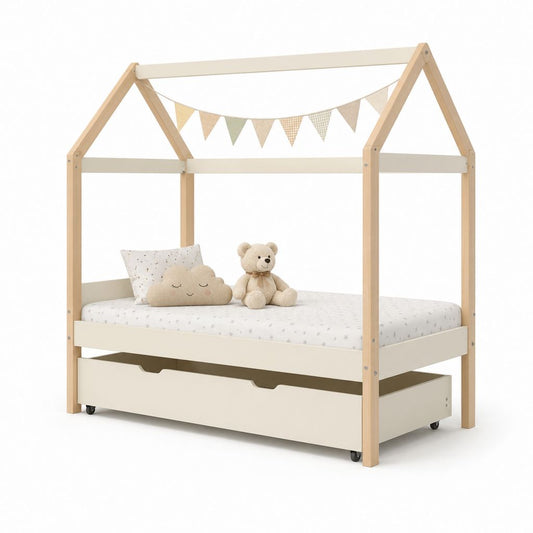 Lit enfant cabane avec tiroir blanc et pin massif 90 x 200 cm