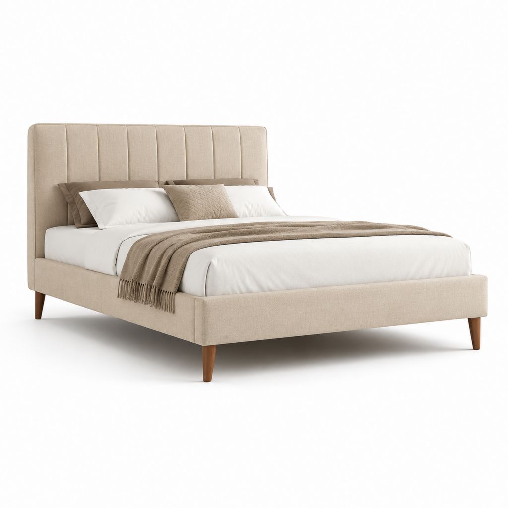 Lit double avec cadre rectangulaire beige en polyester et pieds en hévéa massif 160 x 200 cm