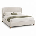 Lit double 160 x 200 cm beige en polyester avec tête de lit capitonnée et pieds en bois massif