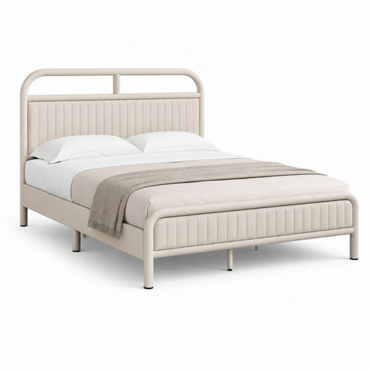 Lit double 160 x 200 cm beige en polyester capitonné avec tête et pied de lit rembourrés