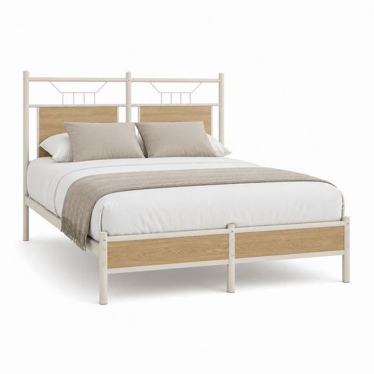 Cadre de lit double blanc et chêne clair en acier et MDF 140 x 190 cm