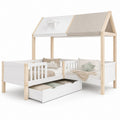 Lit cabane enfant 90 x 200 cm blanc et bois de pin avec toit et tiroir de rangement