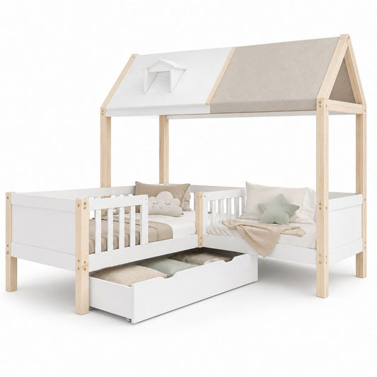 Lit cabane enfant 90 x 200 cm blanc et bois de pin avec toit et tiroir de rangement