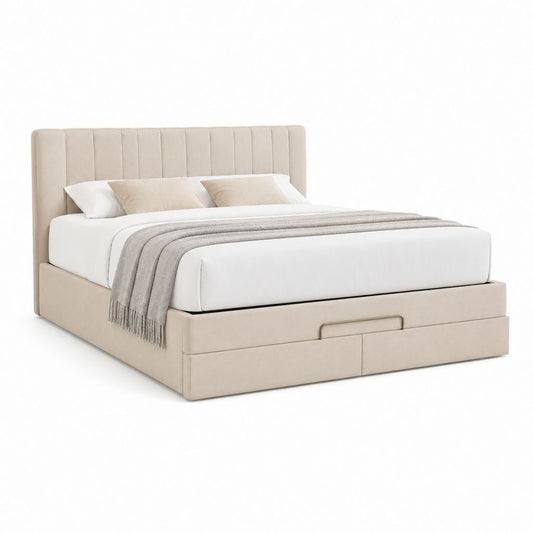 Lit coffre double beige en velours de polyester 160 x 200 cm avec tête de lit capitonnée